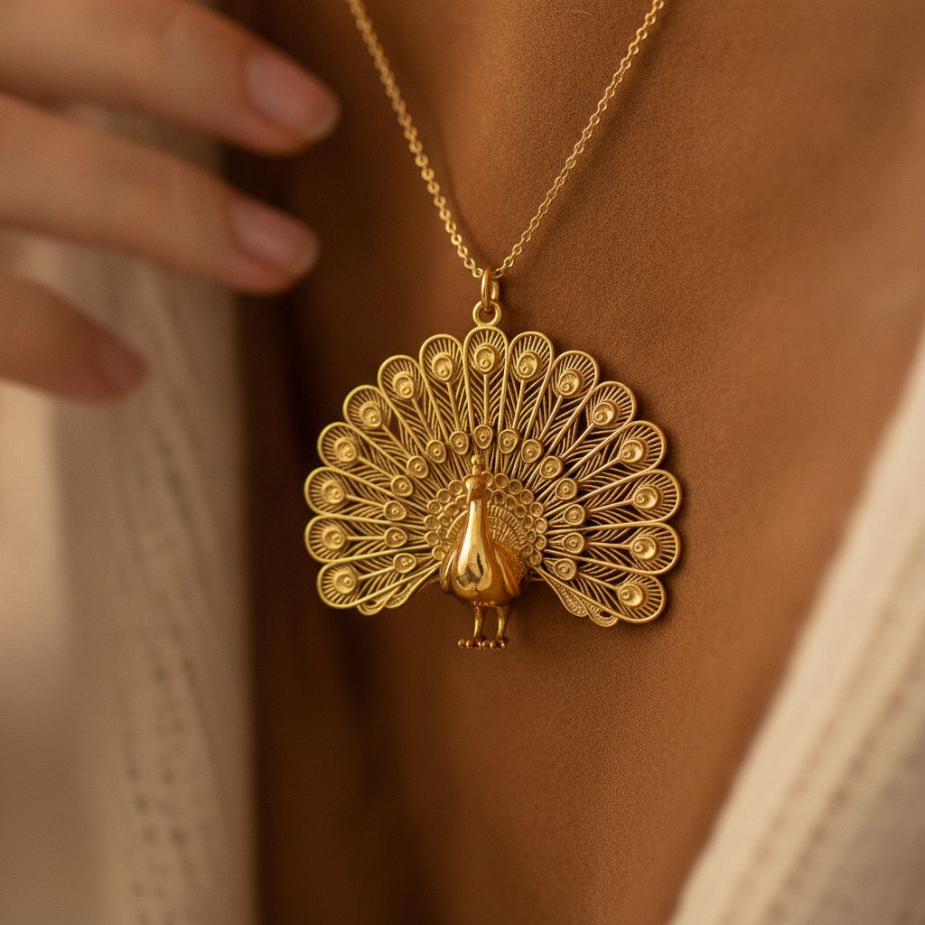 Peacock Pendant Necklace in polished brass by MokshaGoldSculptures, ornate feather design shown on model's chest.