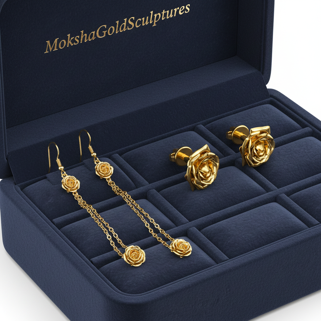 Polished Brass Rose Stud Earrings by MokshaGoldSculptures in a navy blue box, sculptural floral design.