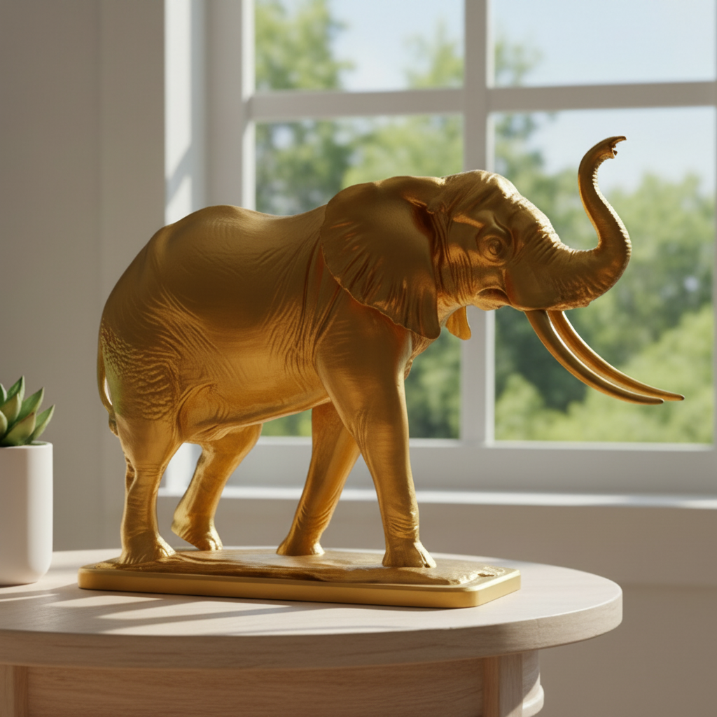 The Majestic Elephant Sculpture in gold PLA finish by MokshaGoldSculptures displayed on a wooden table by the window.