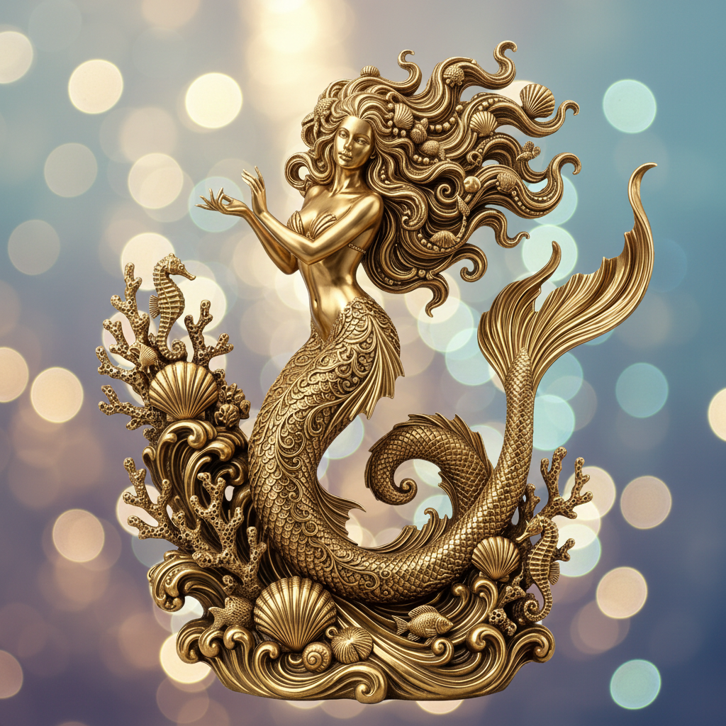 The Golden Mermaid Statue in gold finish by MokshaGoldSculptures features flowing hair and ornate scales.