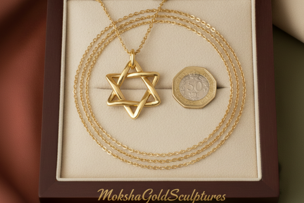 The Interlaced Star of David Pendant Necklace in 18K gold by MokshaGoldSculptures, minimalist hexagram on fine chain.