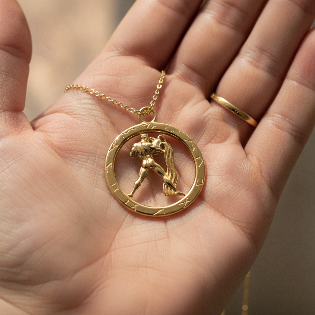 Aquarius Zodiac Pendant Necklace in 9K gold by MokshaGoldSculptures, water bearer motif in engraved circular frame.