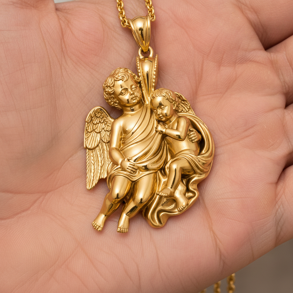 Golden Cherub Duo Pendant Necklace | Guardian Angel Pendant | 9K Gold, Sterling Silver & Yellow Brass | Religious Jewelry | Cherub Gift