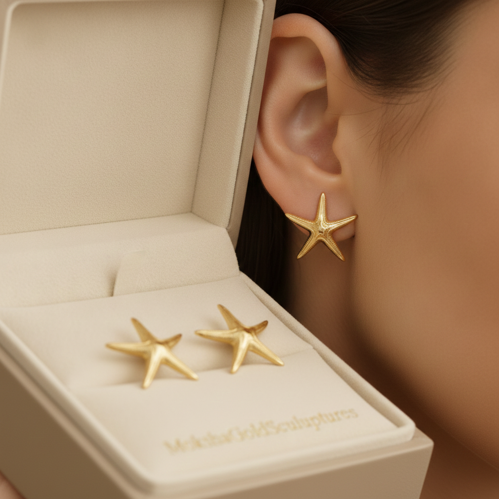 Royal Starfish Stud Earrings | Astropecten articulatus | 9K Gold, Sterling Silver or Polished Yellow Brass | Ocean Jewelry | Nautical Gift