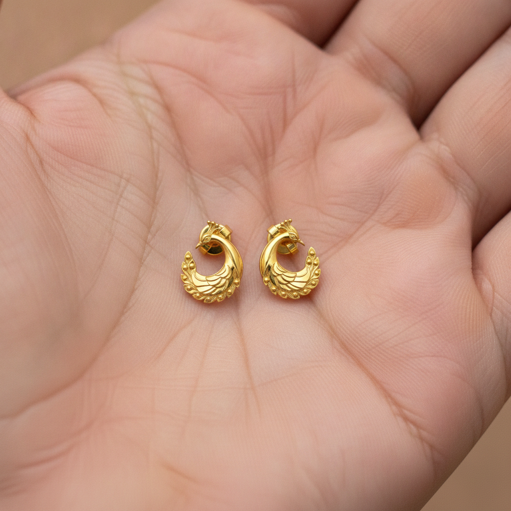 Peacock Stud Earrings – 9K Gold, Sterling Silver 925 or Polished Brass | Elegant Peacock Bird Earrings | Nature Inspired Jewellery | Handmade Gift for Her