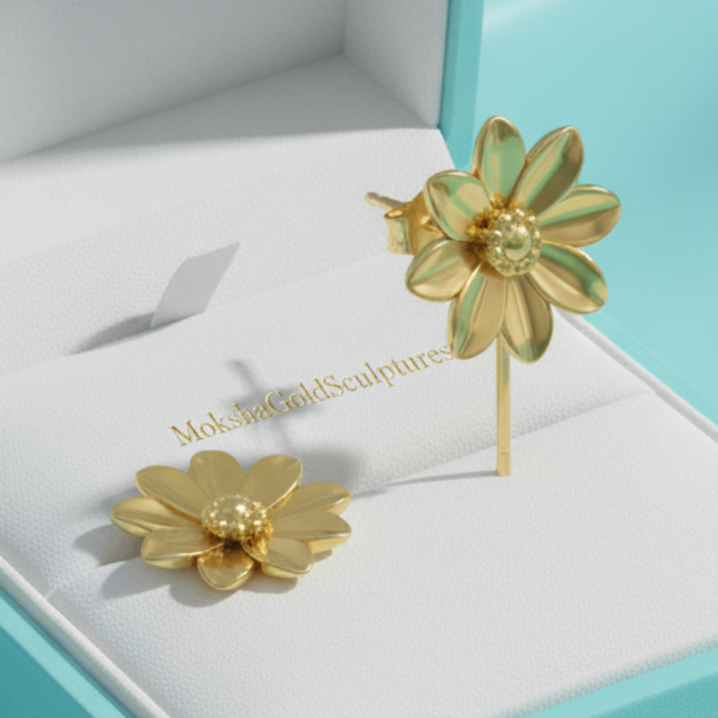 Polished Brass Flower Stud Earrings by MokshaGoldSculptures, botanical design, shown in white jewelry box on turquoise.