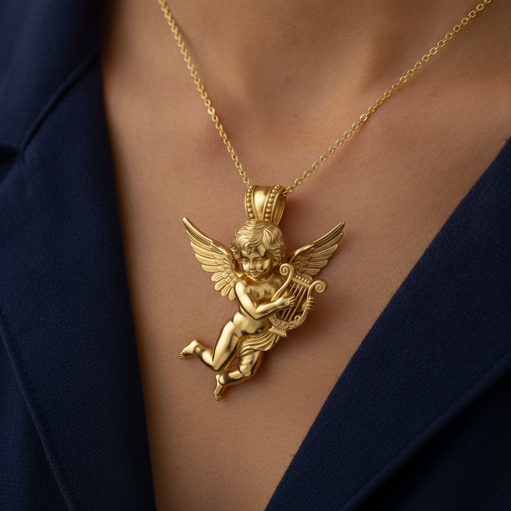Golden Cherub Harp Pendant Necklace, Guardian Angel Jewelry, 9K Gold Angel Pendant, Sterling Silver Cherub Necklace, Religious Gift