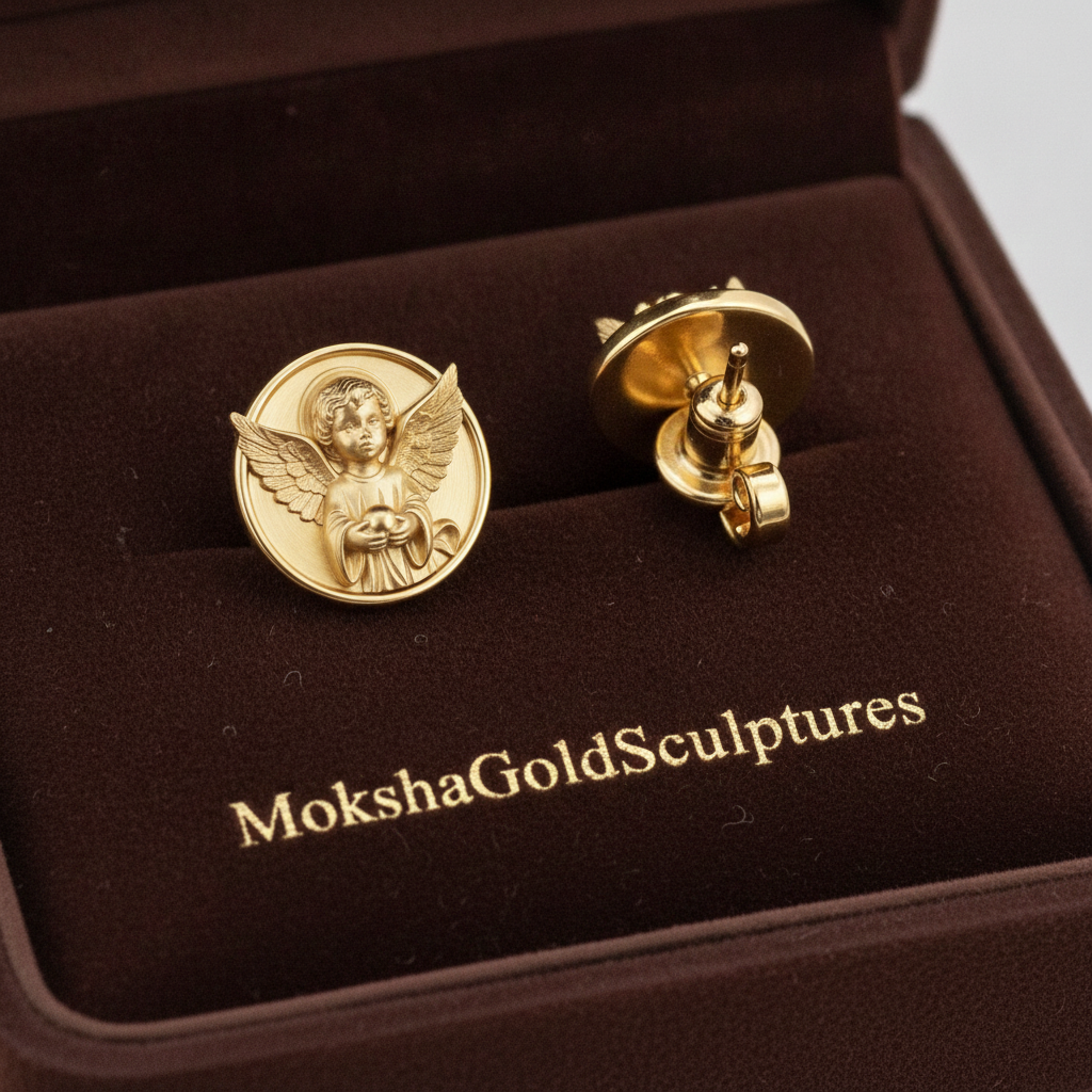 Angel Cherub Medallion Stud Earrings | 9K Gold, Sterling Silver or Brass | Celestial Angel Earrings | Religious Jewelry | Handmade Gift for Her