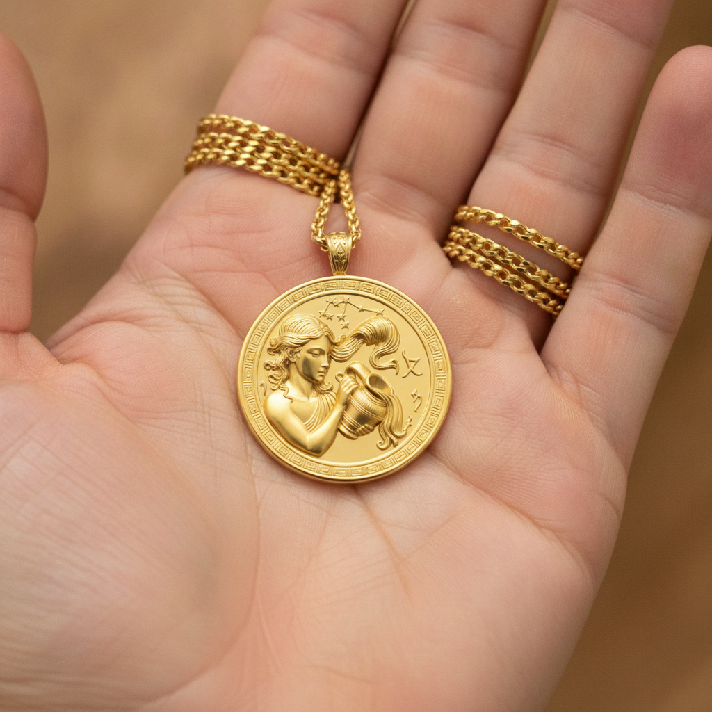 Aquarius Zodiac Pendant Necklace in 9K gold by MokshaGoldSculptures held in hand, celestial medallion design.