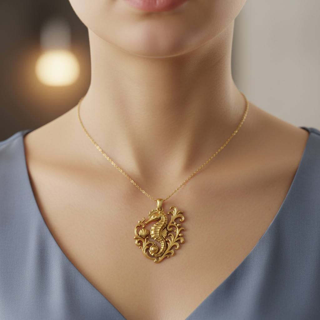 MokshaGoldSculptures Seahorse Pendant Necklace in ornate gold, shown on woman in blue blouse, ocean-themed jewelry.
