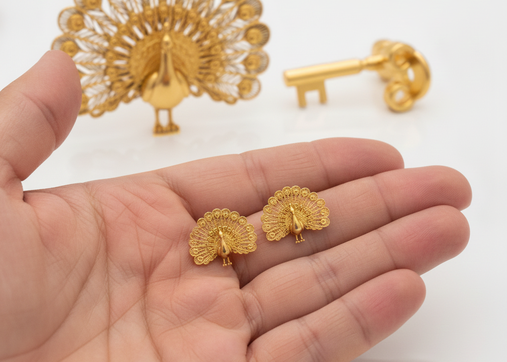 Peacock Stud Earrings in 9K gold, sterling silver, or brass by MokshaGoldSculptures. Nature Bird Jewellery.