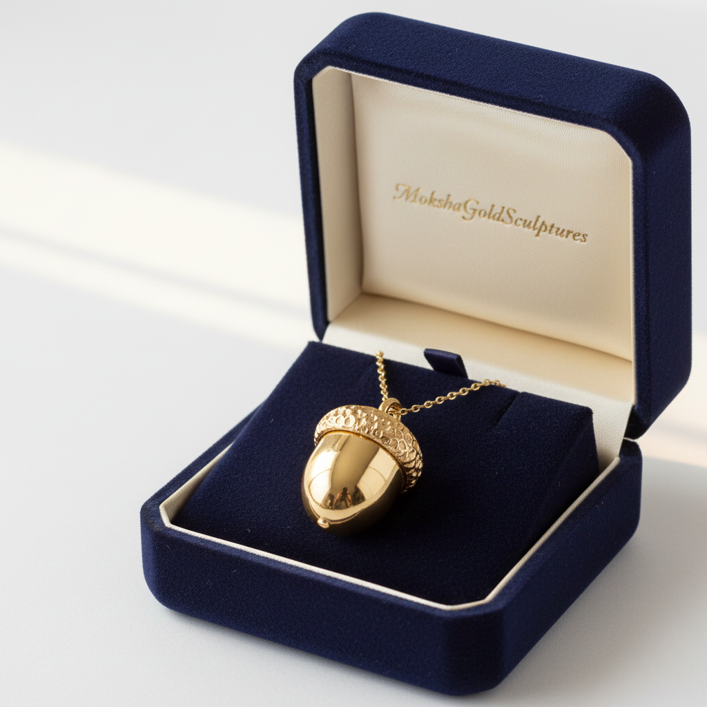 The Gold Acorn Pendant Necklace in 24K gold plate by MokshaGoldSculptures, shown in a blue velvet gift box.