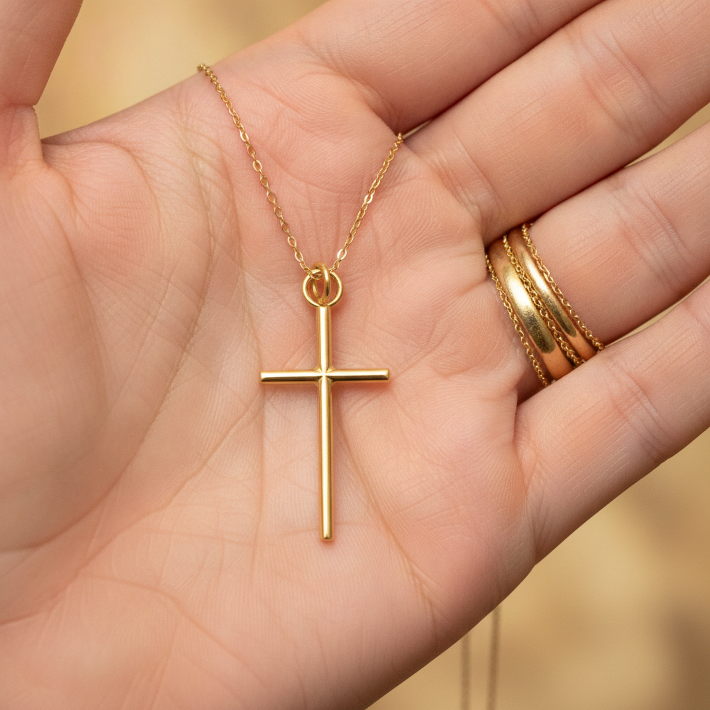 Minimalist Cross Pendant Necklace in 9K gold by MokshaGoldSculptures, shown with gold rings on hand.
