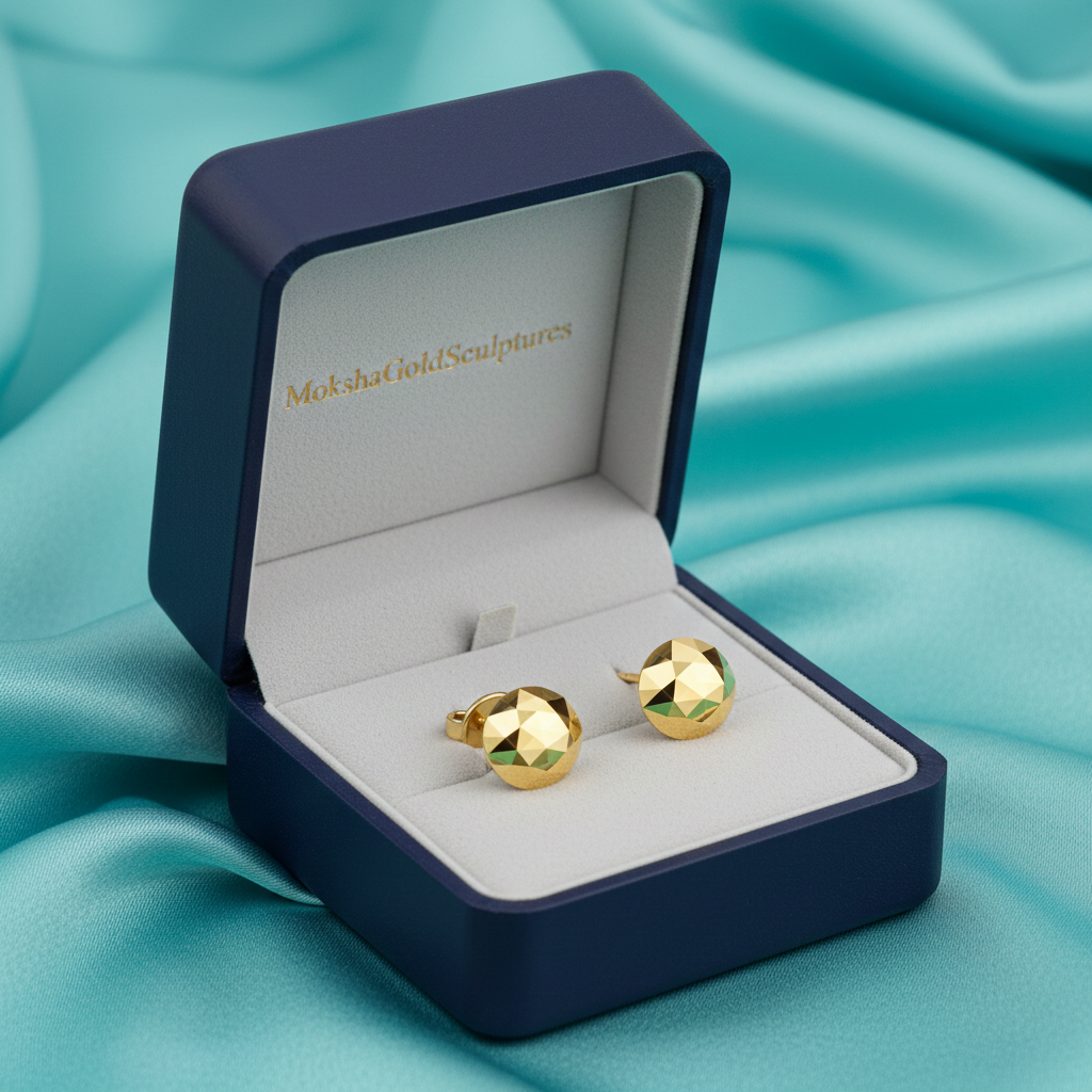 Faceted Round Stud Earring – 10mm Geometric Dome Stud in Polished Silver / Polished Brass