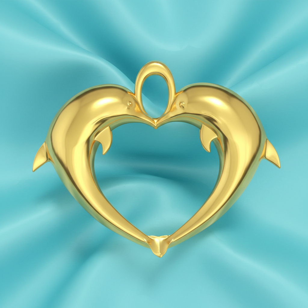 Gold Double Dolphin Heart Pendant with Integrated Bail – Polished Finish – 29 x 24 mm