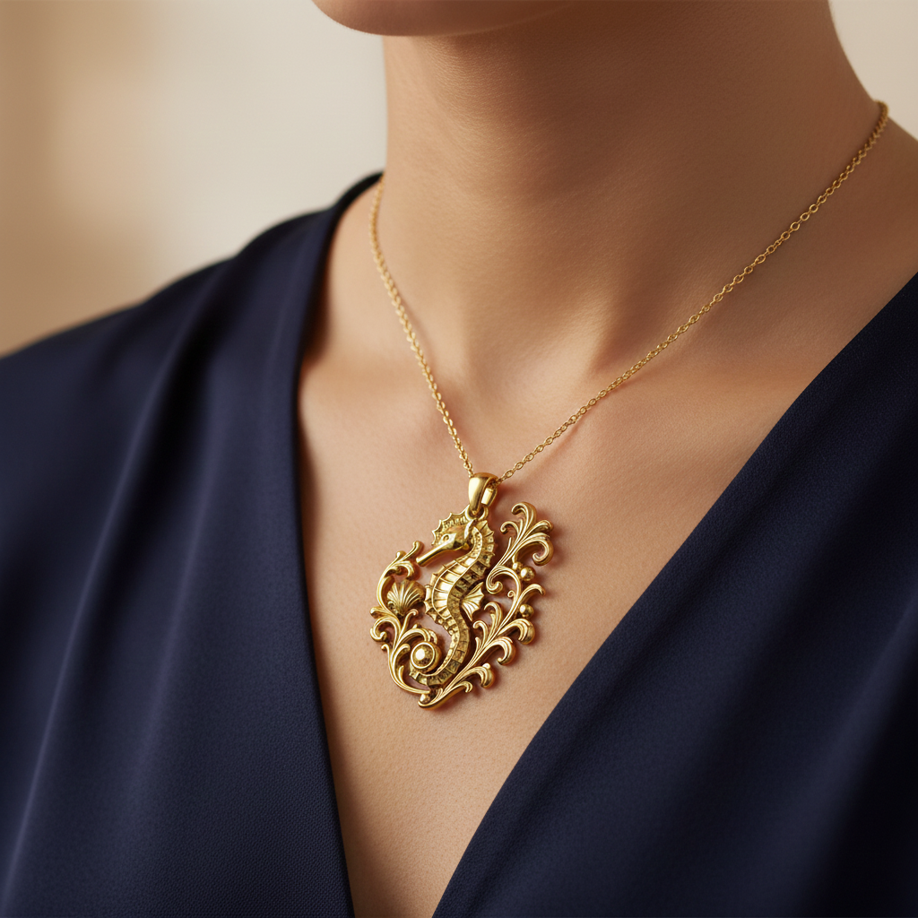 Seahorse Pendant Necklace in ornate gold by MokshaGoldSculptures, worn on navy v-neck top.