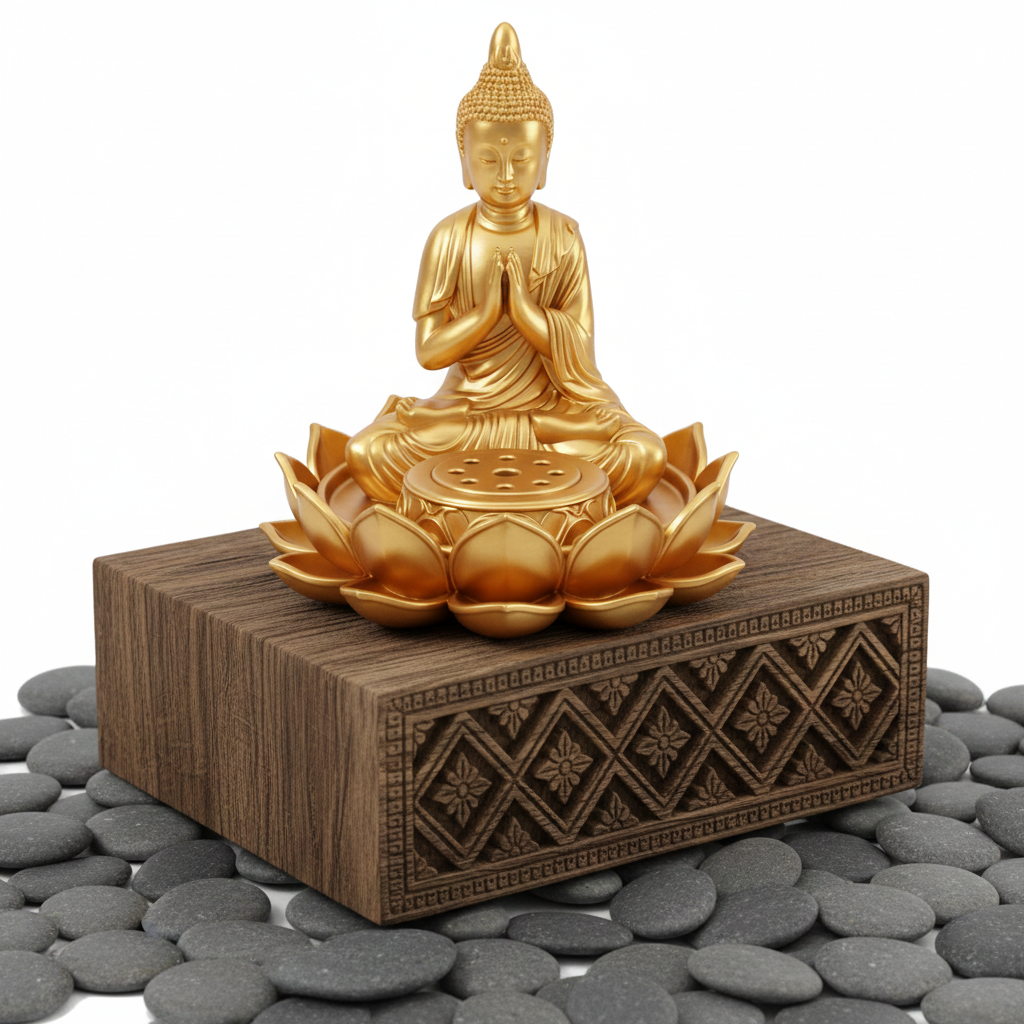 The Lotus Buddha Incense Holder in gold-tone finish by MokshaGoldSculptures, 3D printed Buddha on ornate base.