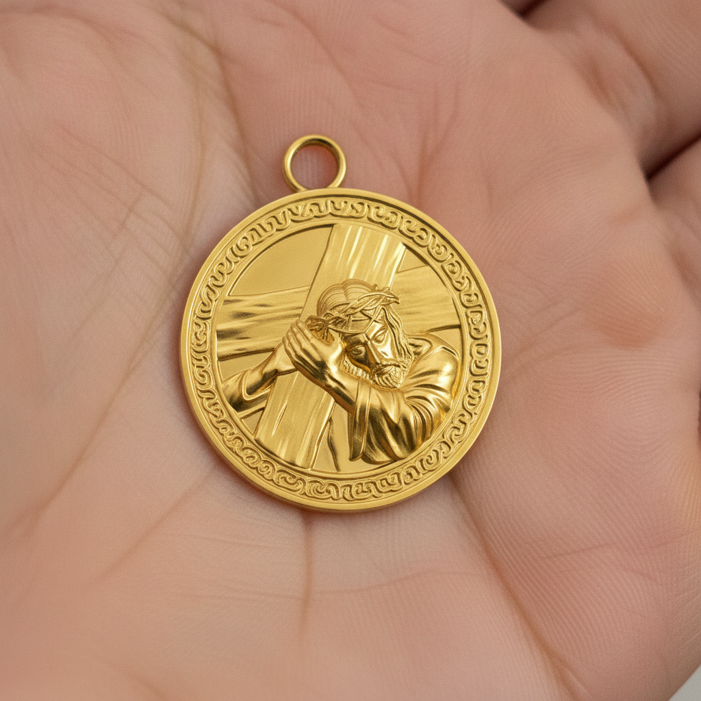 Jesus Carrying the Cross Medallion Pendant in 9K gold, silver, and brass by MokshaGoldSculptures.