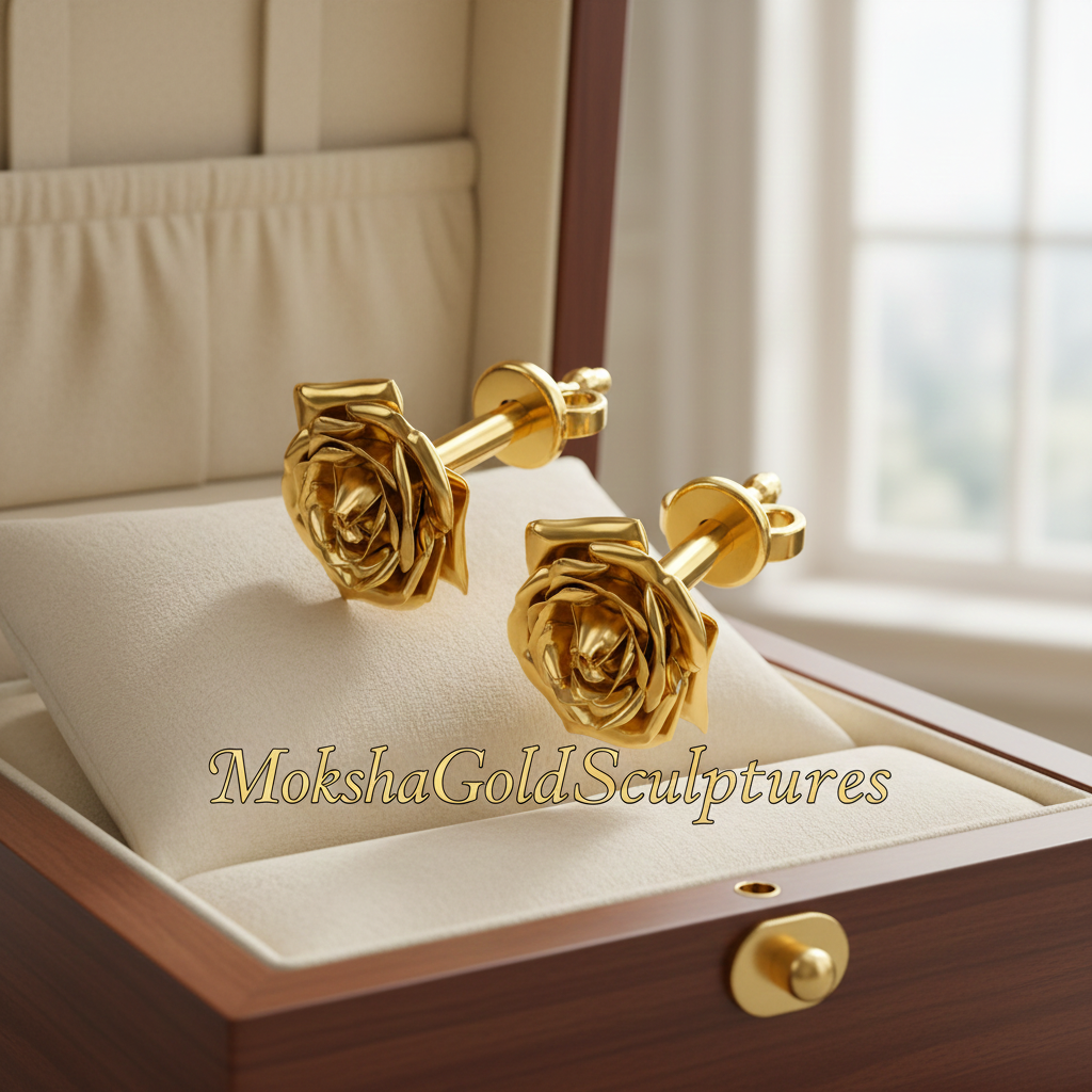 Polished Brass Rose Stud Earrings by MokshaGoldSculptures in an open wooden box with cream interior.