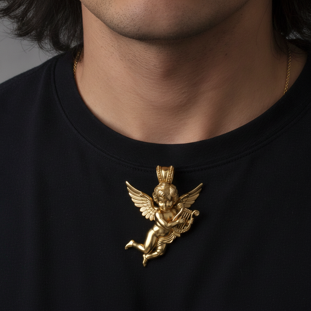 Golden Cherub Harp Pendant Necklace, Guardian Angel Jewelry, 9K Gold Angel Pendant, Sterling Silver Cherub Necklace, Religious Gift