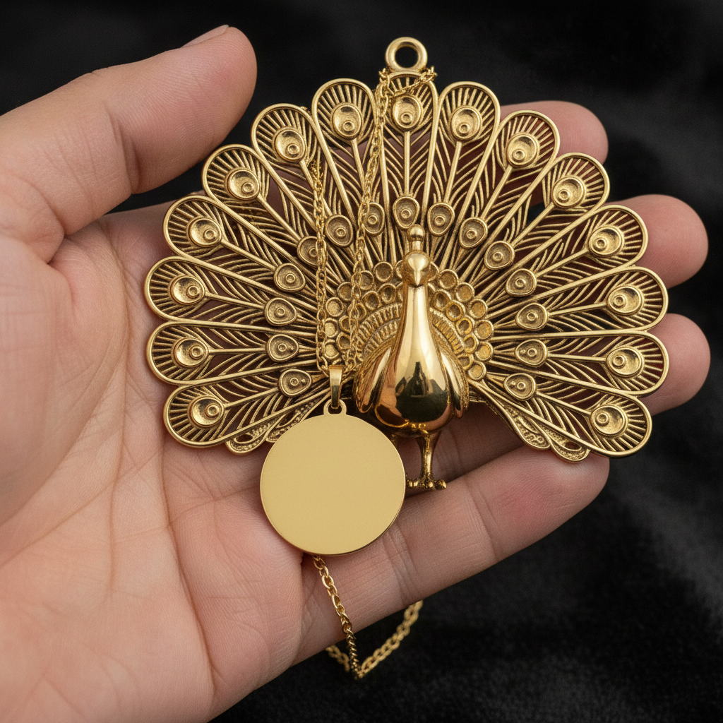 Peacock Pendant Necklace in 9K gold, sterling silver, or brass by MokshaGoldSculptures, filigree feathers on chain.