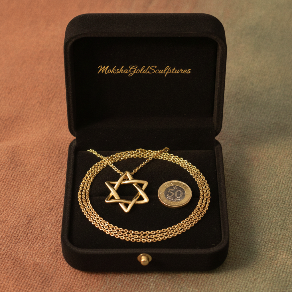 Interlaced Star of David Pendant Necklace in 18K gold & sterling silver by MokshaGoldSculptures in open black box.