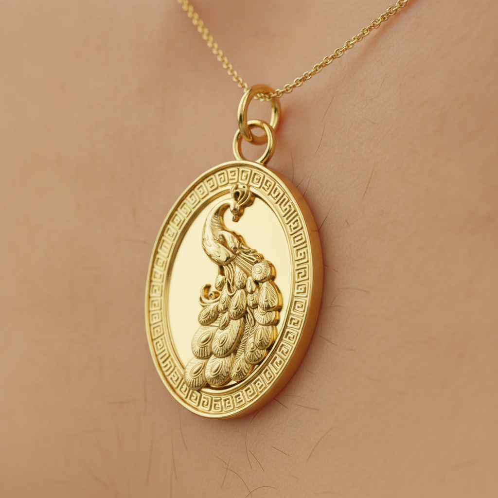 Gothic Peacock Coin Pendant Necklace | 9K Gold, Sterling Silver & Polished Yellow Brass | Art Nouveau Peacock Medallion | Nature Bird Jewelry | Gift for Her