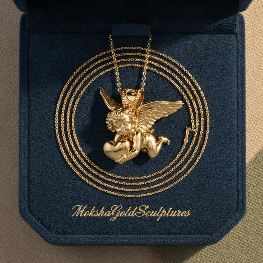 Golden Cherub with Heart Pendant Necklace | Angel of Love & Protection | 9K Gold, Sterling Silver or Polished Brass | Handmade Religious Jewelry Gift