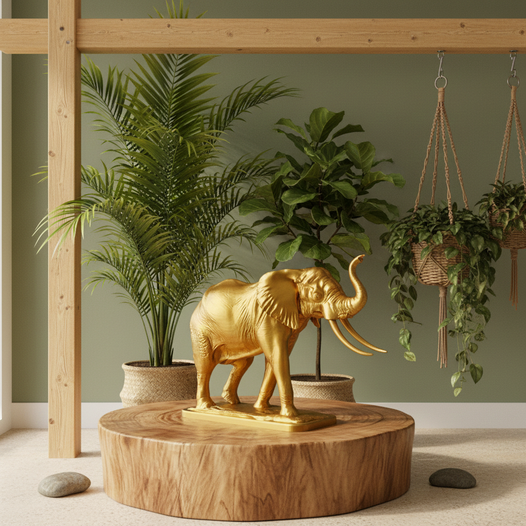 The Majestic Elephant Sculpture by MokshaGoldSculptures in gold, silver, grey, or black PLA finish.