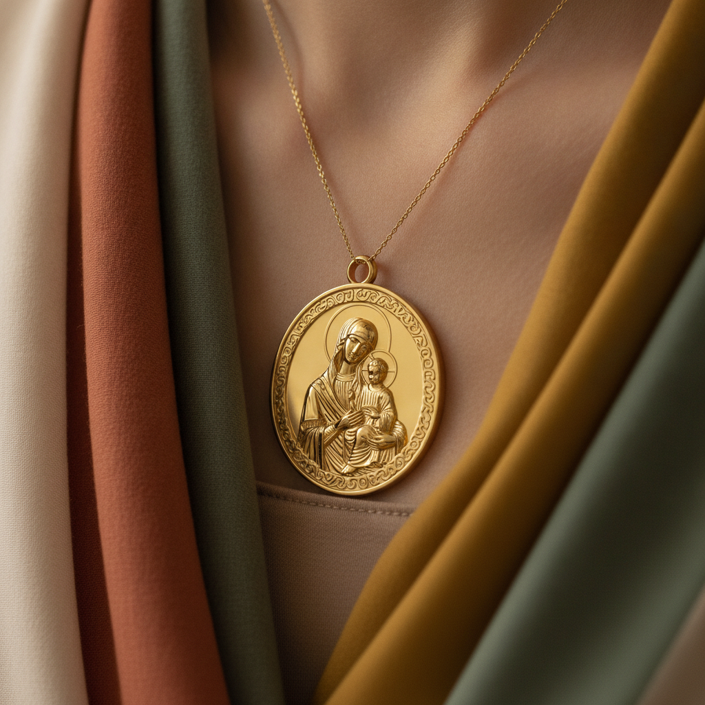 Virgin Mary & Child Coin Pendant Necklace | Blessed Mother Medallion | Christian Jewelry in 18K Gold, Sterling Silver or Yellow Brass