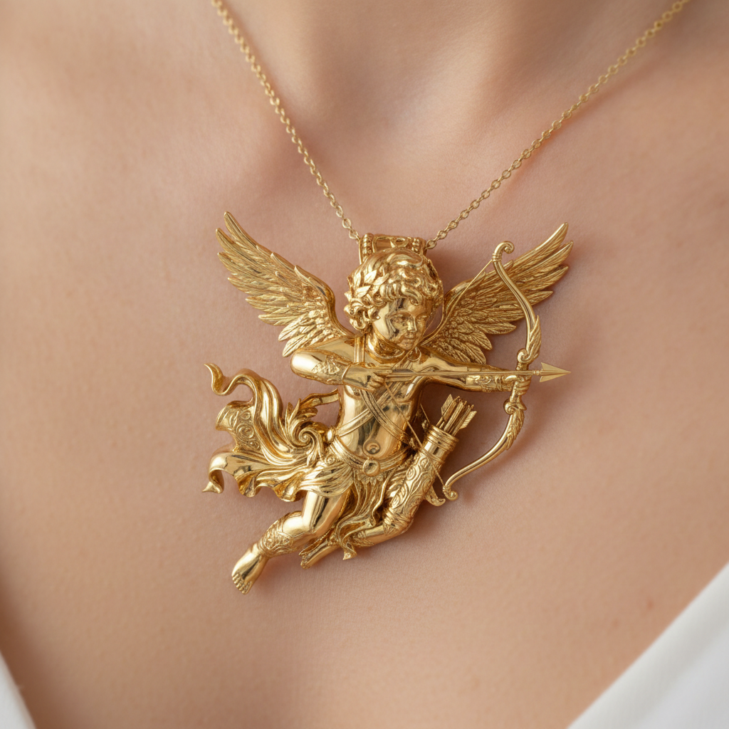 Winged Cupid Archer Pendant Necklace | Cherub Angel with Bow & Arrow | Handmade in 9K Gold, Sterling Silver & Yellow Brass