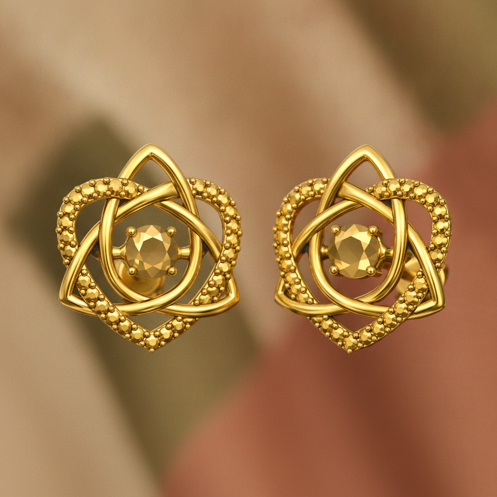 Celtic Trinity Knot Heart Stud Earrings in 9K gold by MokshaGoldSculptures, interwoven loops with faceted gem detail.