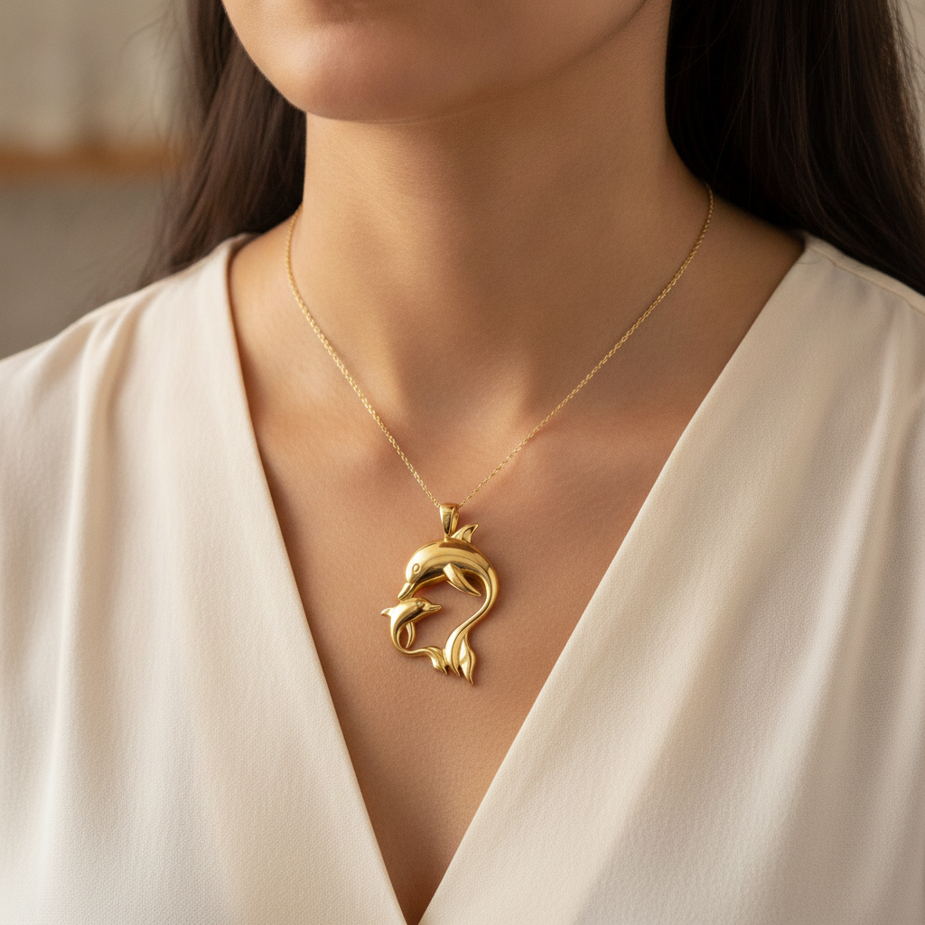 Dolphin Mother & Baby Pendant Necklace in polished yellow brass by MokshaGoldSculptures worn with a cream v-neck blouse.