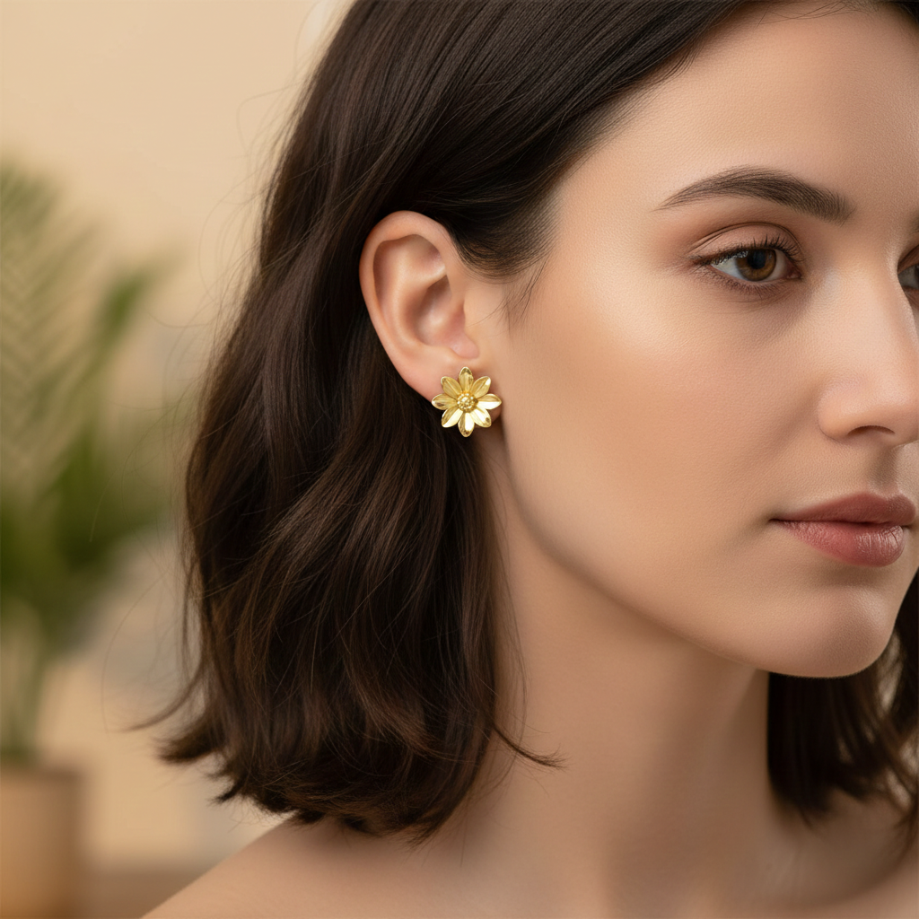 Polished Brass Flower Stud Earrings by MokshaGoldSculptures, worn by woman with dark hair, handmade floral jewelry.
