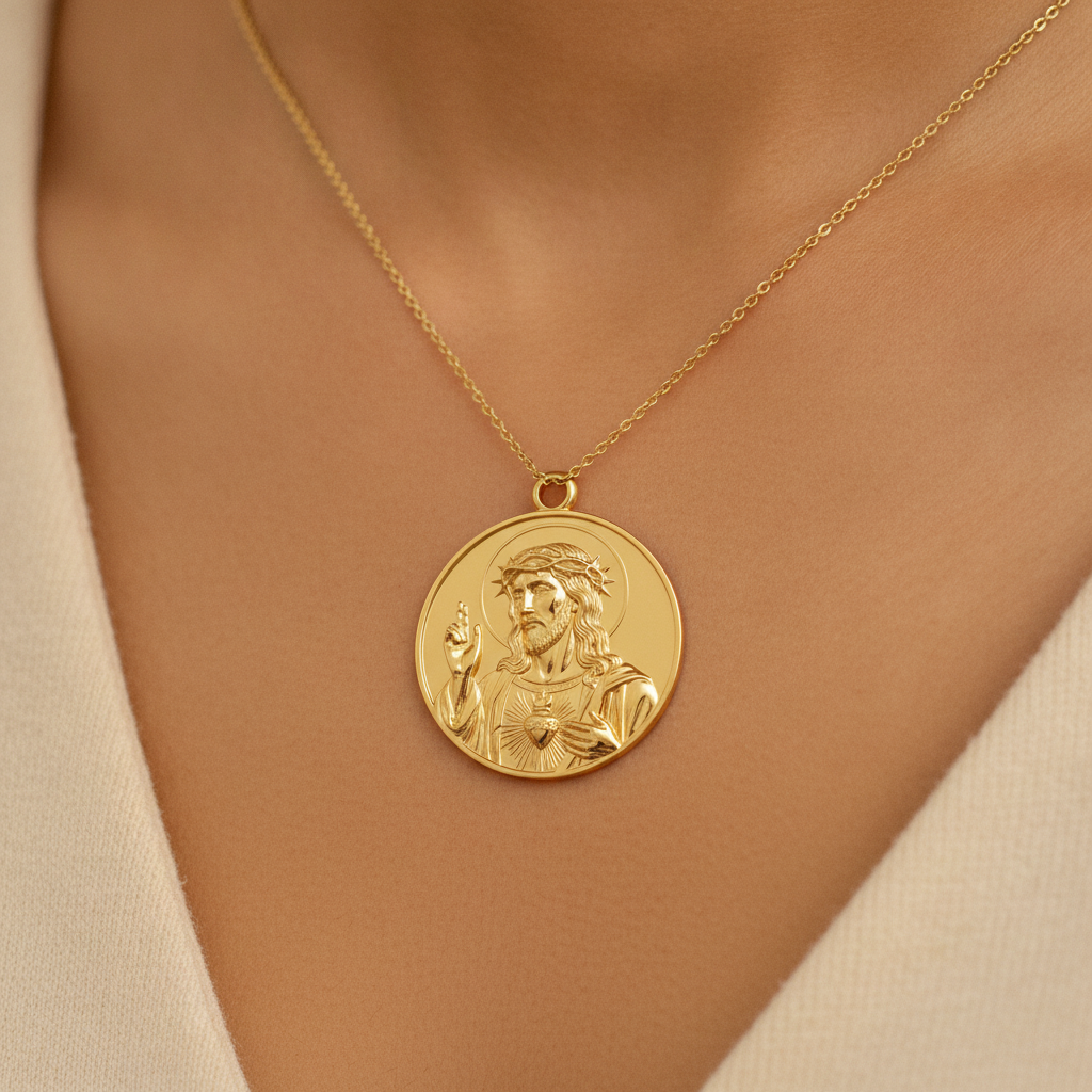 Jesus Sacred Heart Coin Pendant Necklace | 18K Gold Plated, Sterling Silver or Polished Brass | Christian Medallion | Catholic Religious Jewellery | 30mm