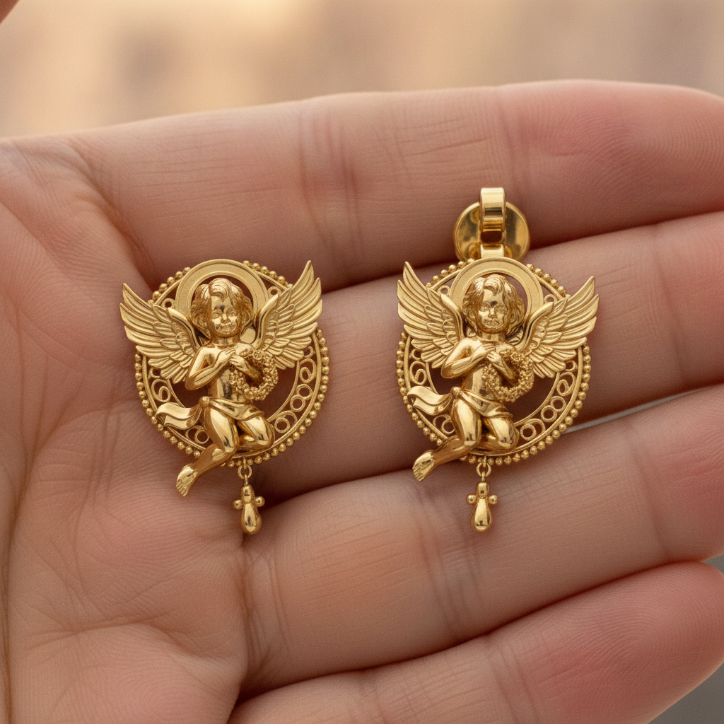 Golden Cherub Angel Stud Earrings | Guardian Angel Jewelry | 9K Gold, Sterling Silver & Yellow Brass | Handmade Religious Gift