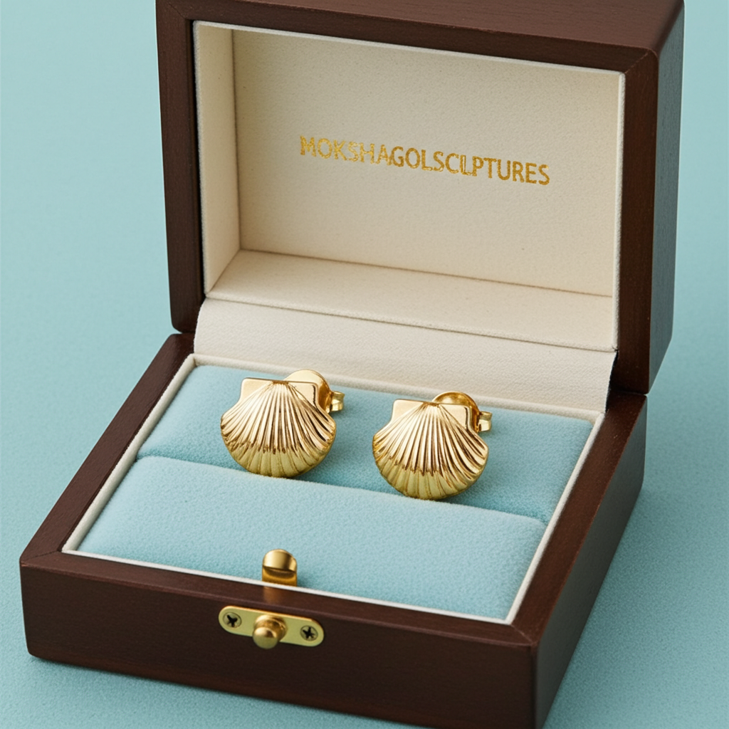 Gold Shell Stud Earrings | 9k 14k 18k Seashell Studs | MokshaGoldSculptures