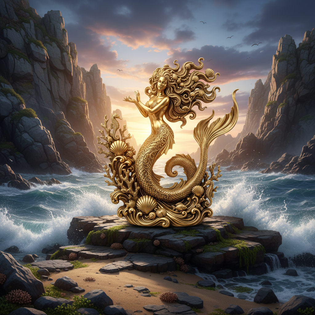 The Golden Mermaid Statue 250mm in gold finish by MokshaGoldSculptures, with detailed scales and flowing hair.
