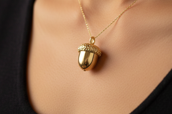 Gold Acorn Pendant Necklace in 24K gold plated finish by MokshaGoldSculptures, worn over a black top against skin.