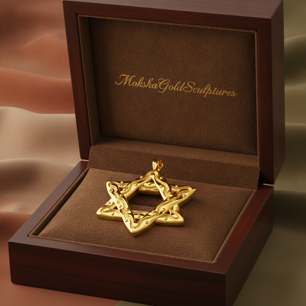 The Interwoven Star of David Pendant Necklace in polished yellow brass by MokshaGoldSculptures.