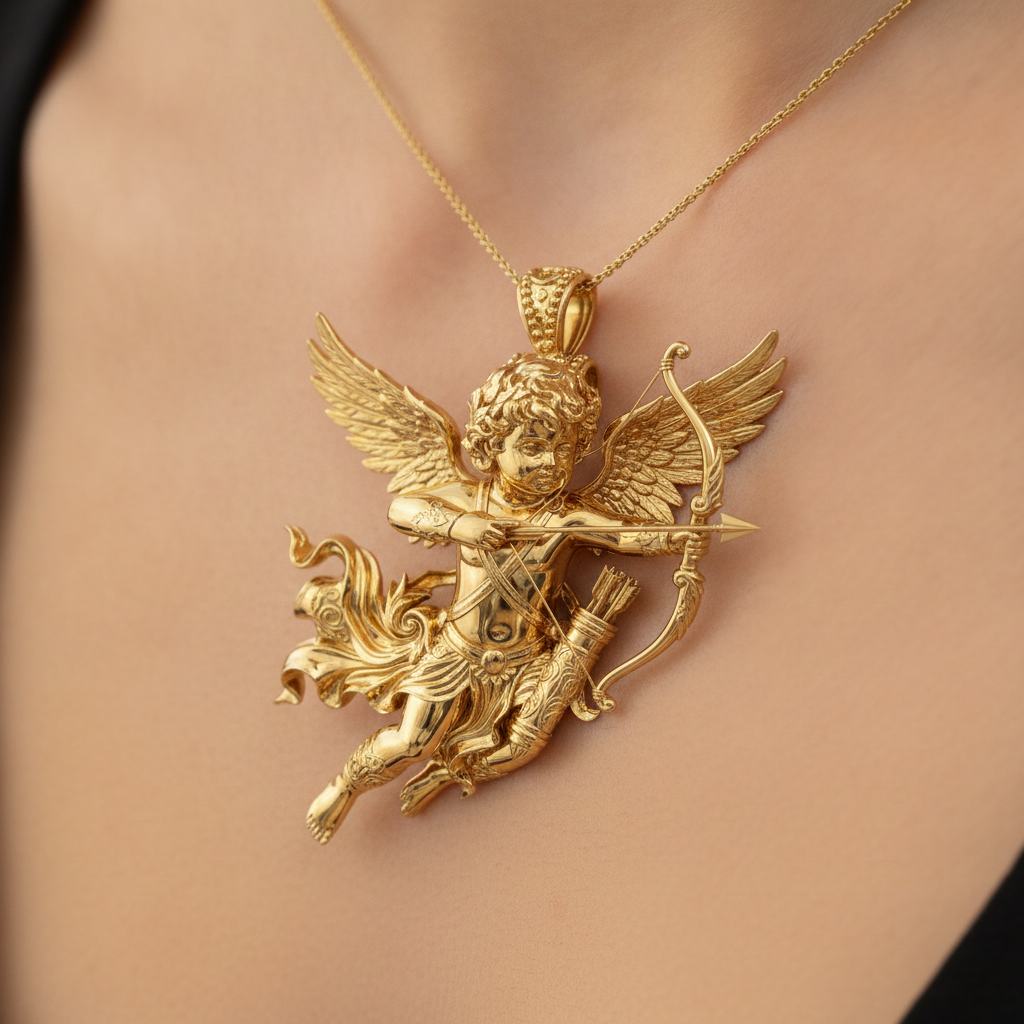 Winged Cupid Archer Pendant Necklace | Cherub Angel with Bow & Arrow | Handmade in 9K Gold, Sterling Silver & Yellow Brass