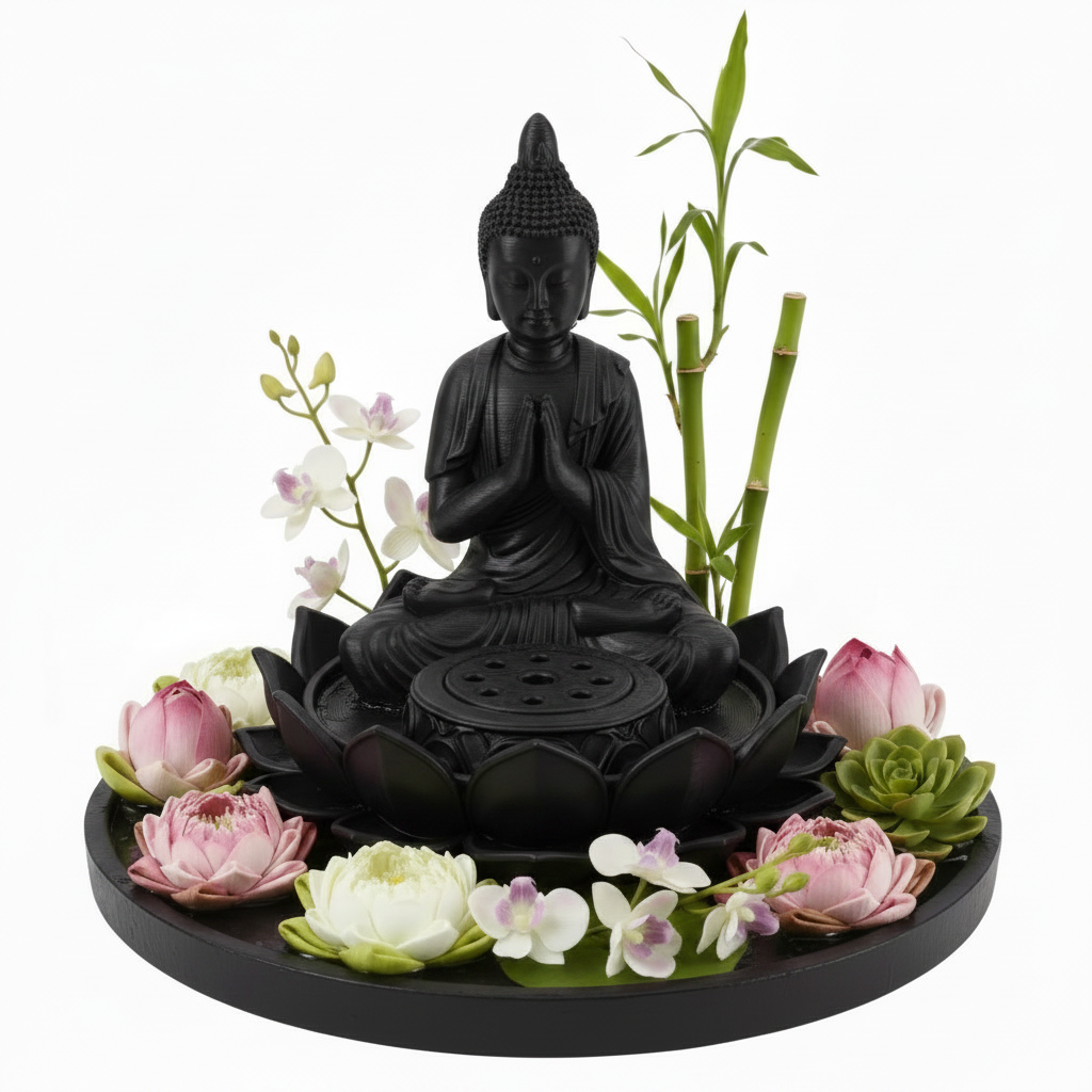 The Lotus Buddha Incense Holder in matte gold PLA by MokshaGoldSculptures, minimalist Zen tray design.