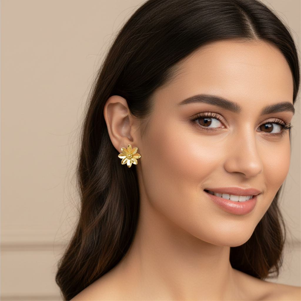 Polished Brass Flower Stud Earrings by MokshaGoldSculptures worn by woman, floral design, beige background.