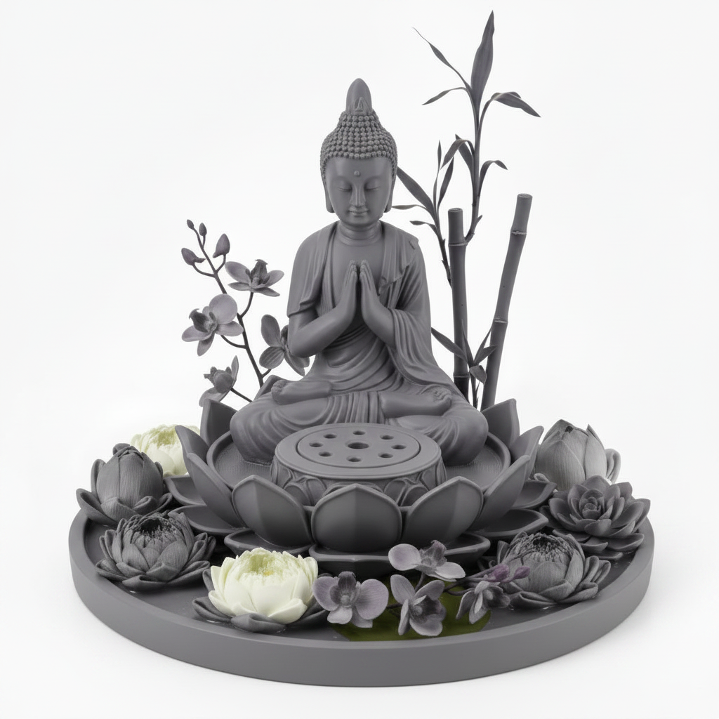 The Lotus Buddha Incense Holder in matte PLA by MokshaGoldSculptures, serene Buddha on lotus meditation decor piece.