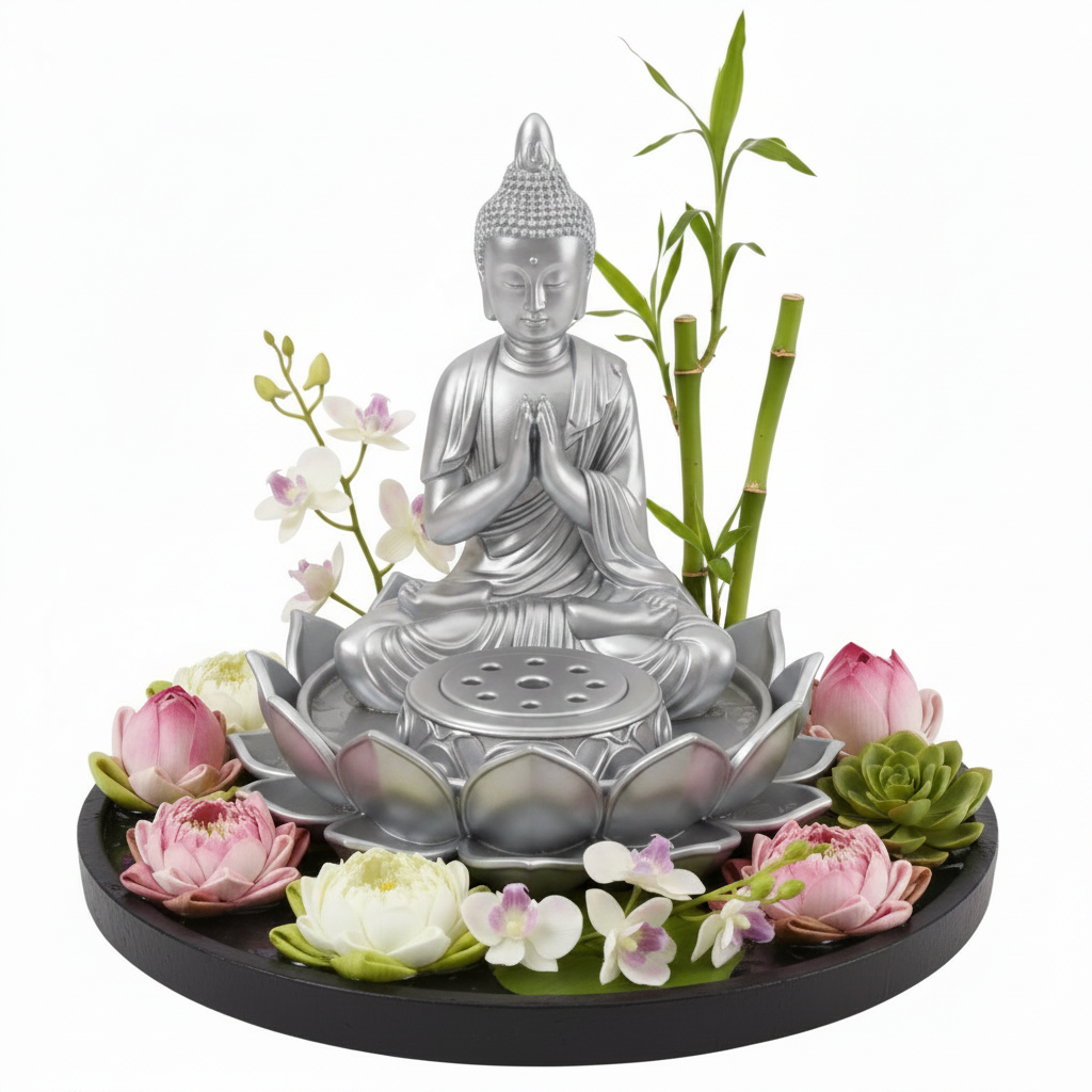 The Lotus Buddha Incense Holder in black PLA by MokshaGoldSculptures, featuring lotus and succulents on a tray.