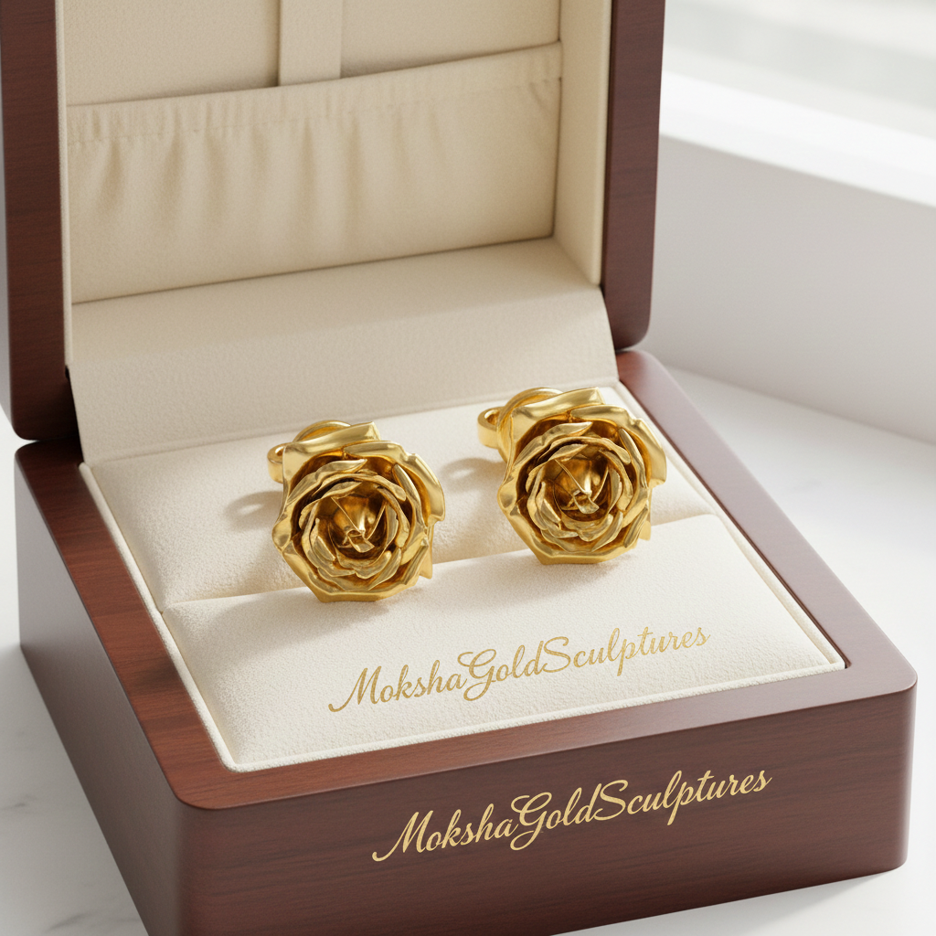 Polished Brass Rose Stud Earrings by MokshaGoldSculptures in a wood jewelry box with cream lining, brand name visible.
