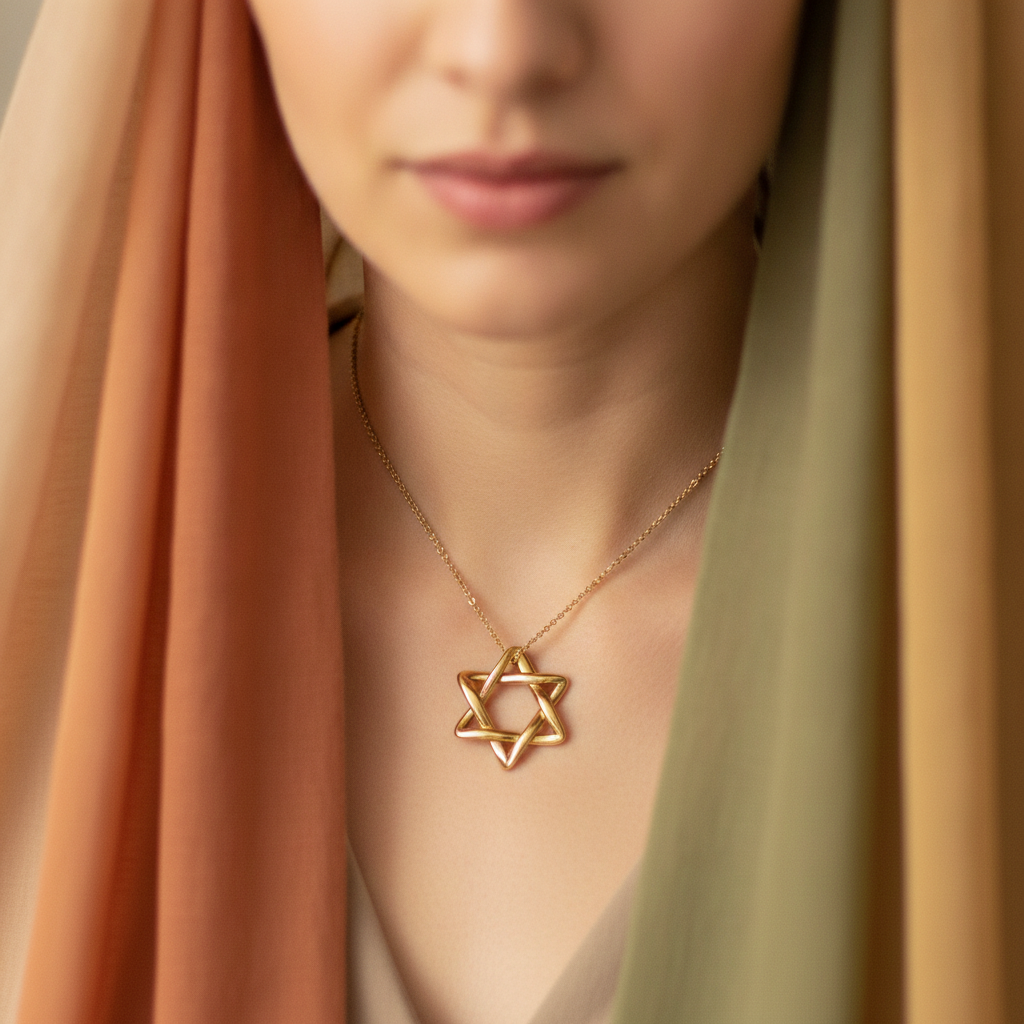 Interlaced Star of David Pendant Necklace in 18K gold and sterling silver by MokshaGoldSculptures worn by a woman.