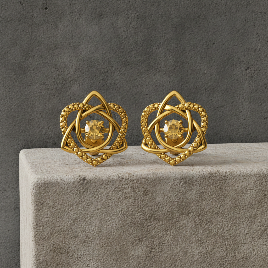 Celtic Trinity Knot Heart Stud Earrings in 9K gold by MokshaGoldSculptures on light gray stone with dark gray backdrop.