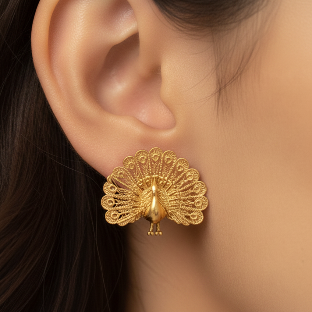 MokshaGoldSculptures Peacock Stud Earrings in 9K gold polished finish on ear, finely detailed bird design.