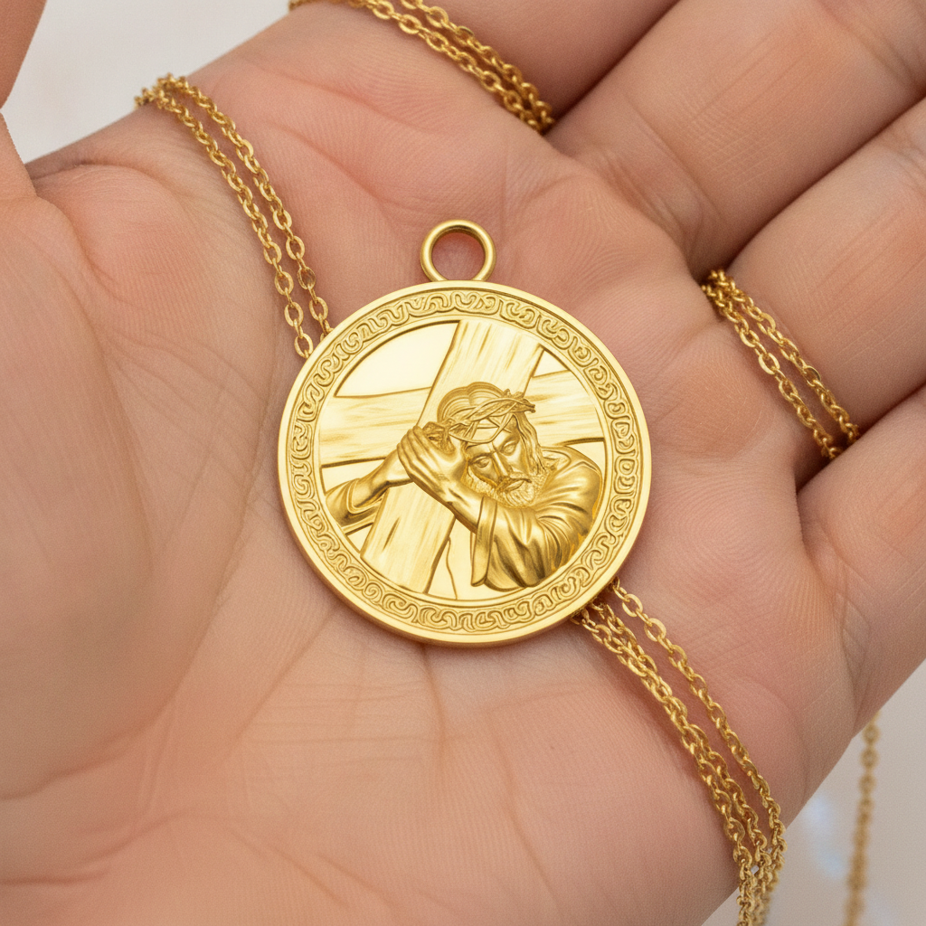 The Jesus Carrying the Cross Medallion Pendant in 9K gold by MokshaGoldSculptures, on a palm with a gold chain.